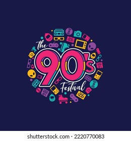 Back in to 90's. Forever young. The 90's style label. Let's go retro party 90's. Vector illustration.