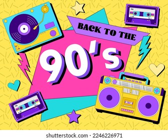 Back in to 90's. Forever young. The 90's style label. Let's go retro party 90's. Vector illustration