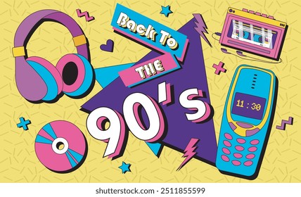 De volta aos anos 90. Sempre jovem. O rótulo estilo dos anos 90. Vamos para a festa retrô dos anos 90. Ilustração vetorial