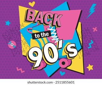 De volta aos anos 90. Sempre jovem. O rótulo estilo dos anos 90. Vamos para a festa retrô dos anos 90. Ilustração vetorial