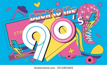 De volta aos anos 90. Sempre jovem. O rótulo estilo dos anos 90. Vamos para a festa retrô dos anos 90. Ilustração vetorial