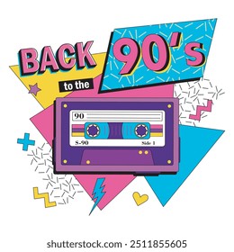 Back in to 90's. Forever young. The 90's style label. Let's go retro party 90's. Vector illustration