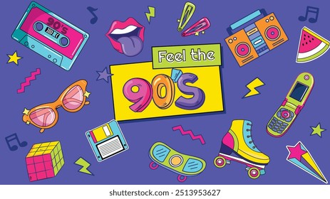 De volta aos anos 90. Sempre jovem. O rótulo estilo dos anos 90. Vamos para a festa retrô dos anos 90. Ilustração vetorial