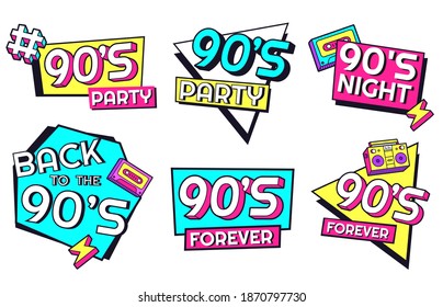 Back to 90s. Memphis style labels for invitation cards for party with geometric shapes as triangle, rectangle and cassette and record player, forever 90s isolated set vector illustration