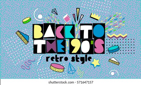 Back to the 90's. Memphis style poster, invitation card and banner with geometric elements. Vector illustration in trendy 80s-90s Memphis style. Easy editable for Your design.