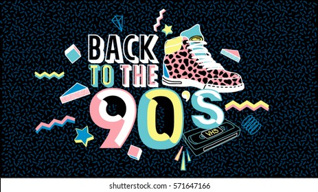 Back to the 90's. Memphis style poster, invitation card and banner with geometric elements, sneakers and tape cassette. Vector illustration in trendy 80s-90s Memphis style.