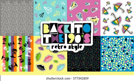 Back to the 90's. Memphis style poster, invitation card and banner with geometric elements. Vector illustration in trendy 80s-90s Memphis style. Easy editable for Your design.