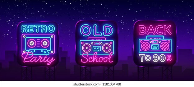 Back to 90s neon poster collection, card or invitation, design template. Retro tape recorder cassettes neon sign, gramophone symbol, light banner. Back to the 90s. Vector illustration. Billboard