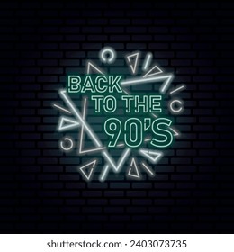 De vuelta al cartel de neón de los 90. Banner ligero Elemento de diseño. Texto neón sobre un fondo de pared de ladrillo. Cartel de Neon. Cartel colorido. Ilustración del vector