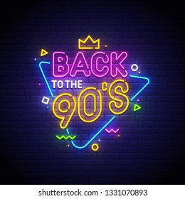 Back to the 90's neon sign, bright signboard, light banner. Vector illustration