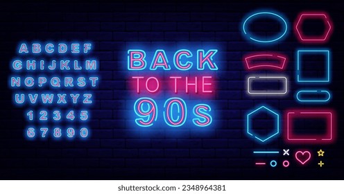 Back to the 90s neon sign. Party celebration. Geometric frames collection. Holiday concept. Event design. Shiny blue alphabet. Glowing banner. Editable stroke. Vector stock illustration