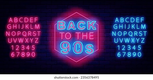 Back to the 90s neon sign. Pink honeycomb frame. Party celebration. Holiday concept. Event design. Shiny blue and pink alphabet. Glowing banner. Editable stroke. Vector stock illustration