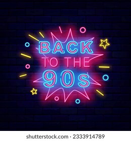 Back to the 90s neon sign. Retro party celebration. Holiday concept. Event design on brick wall. Explosion comics frame. Glowing effect banner. Editable stroke. Vector stock illustration