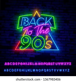 Back to the 90s neon sign vector. 90 s Retro style Design template neon sign, light banner, neon signboard, nightly bright advertising, light inscription. Vector illustration