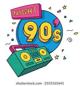 Back to 90s night party banner 1990s music entertainment advertising isometric vector illustration. Retro music festival funky invitation tape recorder groovy poster nostalgia lifestyle culture