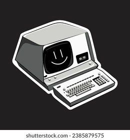 Back to 90s. Old retro fashioned vector computer. Nostalgia for 1990s. Hand drawing vector illustration. Retro sticker with computer