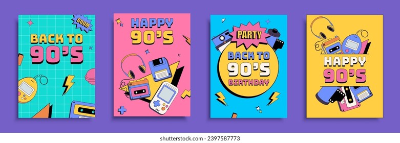 Back to 90s party cover brochure set in flat design. Poster templates with happy nineties symbols, neo brutalism, gamepad and devices, headphones and other old pop culture signs. Vector illustration