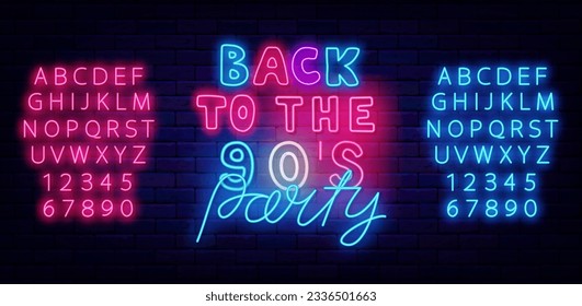 De vuelta a la etiqueta de neón de la fiesta de los 90. Celebración retro. Concepto de vacaciones. Diseño de eventos en pared de ladrillo. Alfabeto rosa brillante y azul. Pancarta brillante. Trazo editable. Ilustración de material vectorial