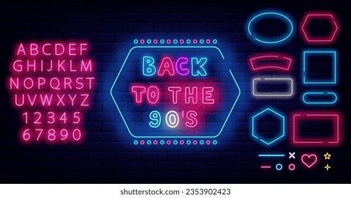 Back to the 90s party neon label. Geometric frames collection. Retro celebration. Holiday concept. Event design. Shiny pink alphabet. Glowing banner. Editing text. Vector stock illustration