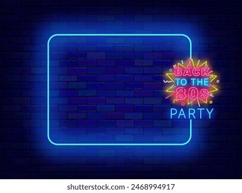 Back to 90s party neon poster. Vintage event celebration promotion. Shiny greeting card. Empty blue frame and text with firework. Glowing banner. Editing text. Vector stock illustration