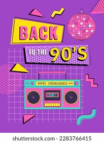 De vuelta al afiche de los años 90, tarjeta de invitación o banner con boombox y elementos geométricos. Ilustración de fondo vectorial de parte retro. Estilo memphis.