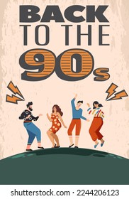 Back to the 90's poster with lettering, people dance party. Event or party invitation design in 1990s style. Vector illustration.