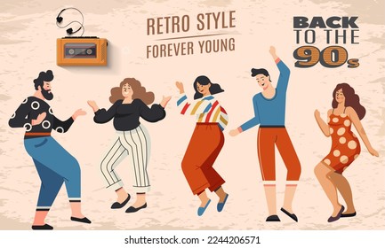 Back to the 90's poster with retro style. Event or party invitation design in 1990s style. Vector illustration.