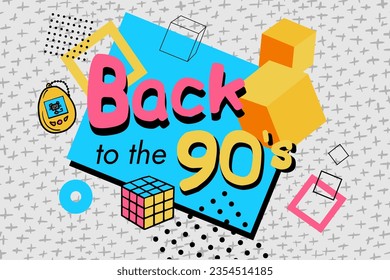 Back to the 90's poster. Retro styled template. Vector memphis poster, card or invitation with geometric elements, electronic and logic game for party, exhibition, textile print design. 