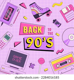 Back to the 90's poster with vintage element. Invitation card with old pc, phone, audio player, cassette, floppy disk, CD, roller skate and geometric elements. Retro vector illustration. Memphis style
