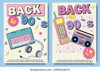 Back to 90`s posters set. 90's graphic design template. Poster templates with happy nineties symbols, neo brutalism, gamepad and devices, headphones and other retro pop culture signs.