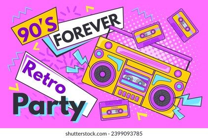 De vuelta a los 90. Afiche de fiesta retro, música pop de moda en la escuela años noventa de los 80, invitación a evento de karaoke de cumpleaños diseño de fondo de boombox funky, clara ilustración vectorial del afiche de fiesta retro