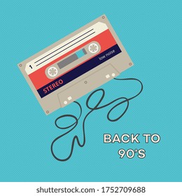 Back to 90's - retro poster template with audio cassette tape with unrolled black plastic film and blank label. Vintage music equipment flyer - flat vector illustration.