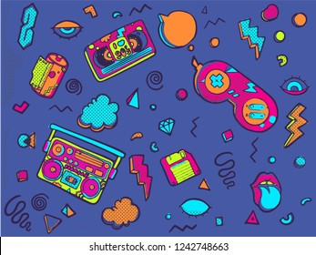 Back to the 90s. Set of stickers, pins, patches in trendy 80s-90s memphis style.