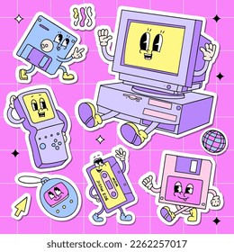 Back to 90s sticker pack. Old fashioned set of old computer pc, vintage misic cassette, floppy disk, tetris and tamagochi mascots in retro cartoon style. Nostalgia for 1990s. Vector illustration.