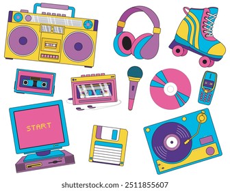 Back in to 90's themed collection. featuring music, tech, fashion, and lifestyle items. Perfect for nostalgic designs or retro inspired projects. Vector Illustration