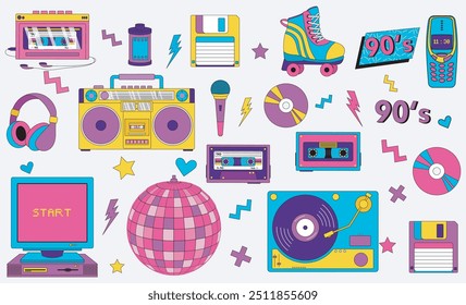 Back in to 90's themed collection. featuring music, tech, fashion, and lifestyle items. Perfect for nostalgic designs or retro inspired projects. Vector Illustration