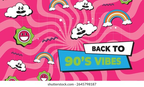 Back To 90's Vibes, Retro Cartoon Elements Vector Illustration.