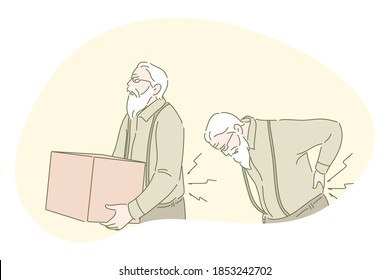 Back ache, back pain, rheumatism, osteoporosis concept. Senior mature man cartoon character carrying heavy box and suffering from strong back pain. Health, elderly people, illness, spine problems 