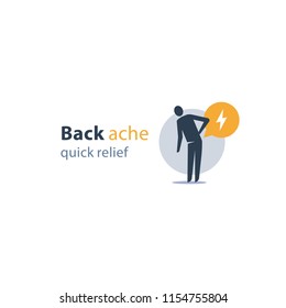 Back ache quick relief, radiculitis concept, medical remedy, feeling pain, painful symptom, health problem, vector icon