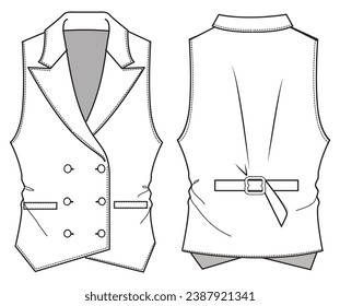 Back Adjusting Waistcoat, Waiter Coat  Front and Back View. Fashion Flat Sketch Vector Illustration, CAD, Technical Drawing, Flat Drawing, Template, Mockup.