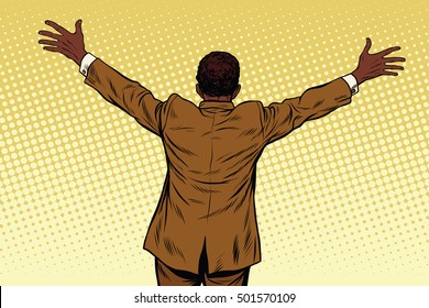 Back African American businessman open hands for hugs, pop art retro vector illustration