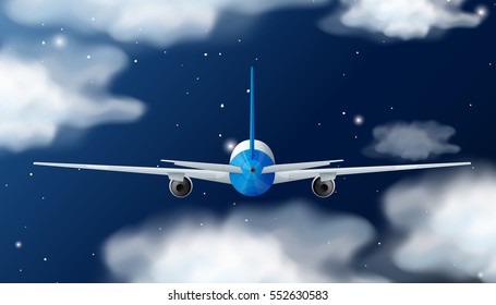 Back of airplane flying at night illustration