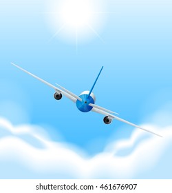 Parte posterior del avión volando en la ilustración del cielo