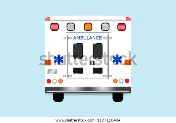 Back of ambulance car vector isolated on the\
blue background.