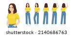 Back ans side view of standing young beautiful brunette woman set. Rear view of girl isolated vector illustration