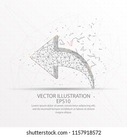 Back arrow abstract mesh line and composition digitally drawn starry sky or space in the form of broken a part triangle shape and scattered dots low poly wire frame.