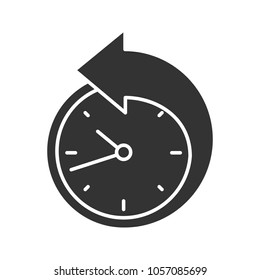 Back arrow around clock glyph icon. Counterclockwise. Reschedule. Silhouette symbol. Negative space. Vector isolated illustration