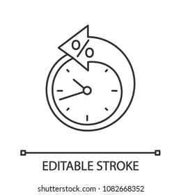Back arrow around clock with percent linear icon. Counterclockwise. Thin line illustration. Debt reschedule. Payment terms. Contour symbol. Vector isolated outline drawing. Editable stroke