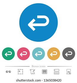 Back arrow flat white icons on round color backgrounds. 6 bonus icons included.