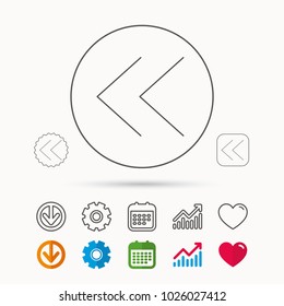 Back arrow icon. Previous sign. Left direction symbol. Calendar, Graph chart and Cogwheel signs. Download and Heart love linear web icons. Vector